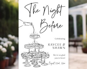 Welcome Sign, Champagne Tower Rehearsal Dinner Poster | Black And White Editable Template | 24x36
