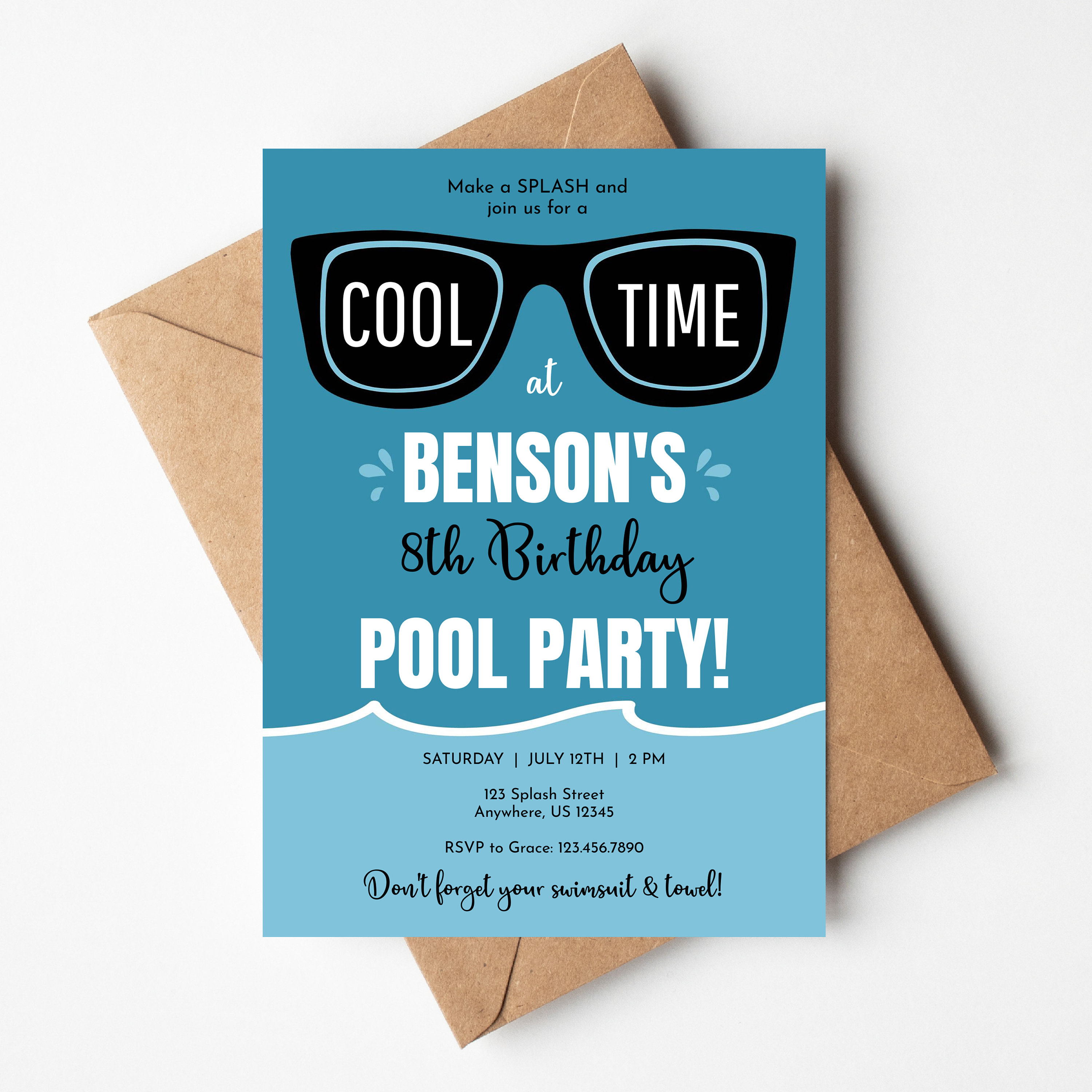 Splash Bash Party Beverage Card Wrap Drink Label Sign Tag Birthday Pool  Beach Swimming Swim Ocean Wave Boogie Bear Invitations Douglas Theme