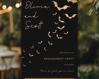 Gothic Bat Wedding Sign, Black Gold Engagement Party Welcome Poster (Digital Download)