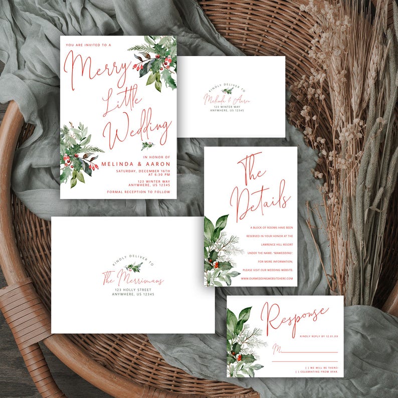 Christmas Wedding Invitation Suite, Winter Wedding Invitation, Modern