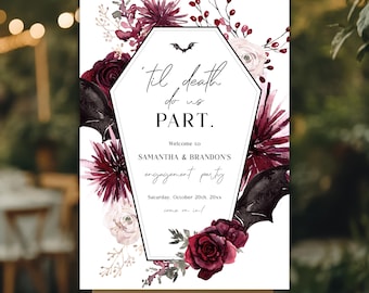Death Do Us Part Welcome Sign - Gothic Halloween | Editable Digital Template, Burgundy Black Florals - 24x36