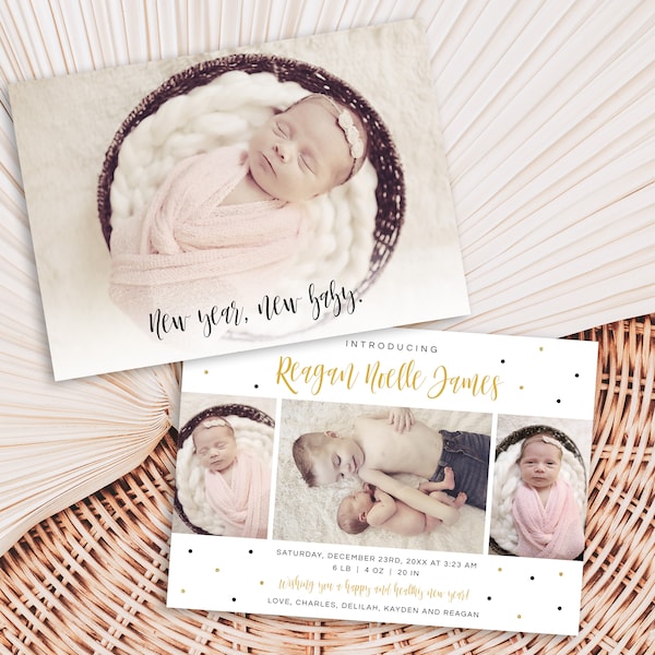 New Year's Birth Announcement, Happy New Year, New Baby, Announcement Photo Card, Instant Download, Red and Green, Edit With Templett