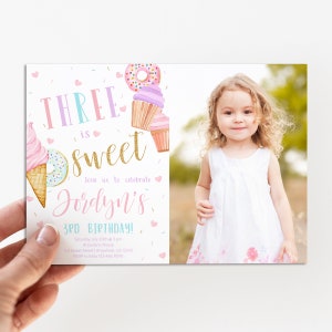 Three is Sweet Birthday Invitation, 3rd Birthday, Sweet Celebration, Editable Birthday Invitation, Instant Download, Edit With Templett