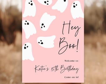 Pink Ghost Halloween Welcome Sign, Editable Birthday Poster (Digital Download)