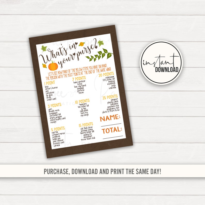 Baby Shower Fall Baby Fall In Whats In Purse Game Printable Etsy