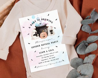Halloween Gender Reveal Invitation – Ghosts, Cauldron, Pumpkins (Editable Digital File)