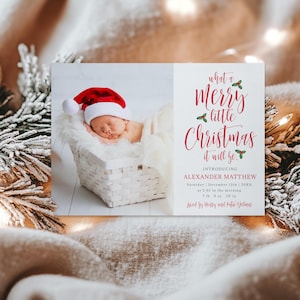Anuncio de nacimiento de Merry Little Christmas, Merry Little Christmas, Tarjeta con foto de anuncio, Descarga instantánea, Editar con Templett