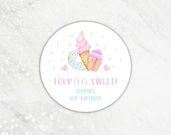 Four Ever Sweet 4th Birthday Party, Birthday Sticker, Girl 4th Birthday, Sweet Celebration, Donut Birthday, Cupcake Birthday, Editable