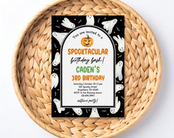 Halloween Birthday Invitation, Pumpkin Ghost Art, Editable 5x7 (Digital Download)
