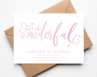 Rainbow 1st Birthday Invitation, ONEderful Birthday, One Derful, Rainbow Party, Rainbow Invitation, Pastel, Editable Through Templett