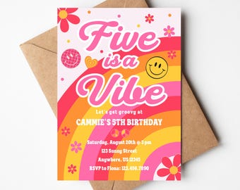 Retro 5th Birthday Invitation, Groovy Vibe Party Invite (Digital Download)