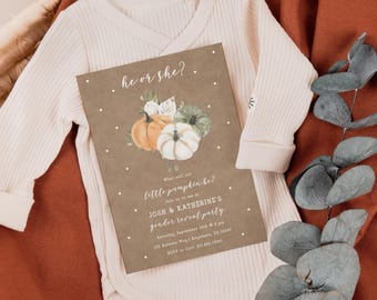 Gender Reveal Fall, Rustic Pumpkin Invitation Template | Editable Digital Download, 5x7 Size, Neutral Autumn