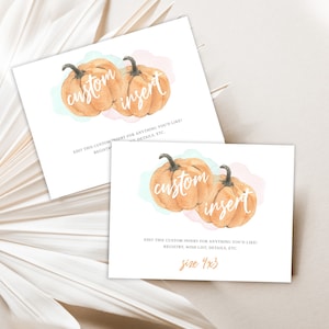Revelación de género de calabaza, inserto personalizado, fiesta de revelación de género, inserto personalizado de 4 x 3, registro de regalos, lista de deseos, tarjeta de detalles, revelación de género de otoño
