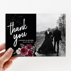 Carte de remerciement pour mariage Halloween, mariage sanctifié, jusqu'à ce que la mort nous sépare, photo de remerciement, gothique, fichier éditable, téléchargement immédiat, Templett