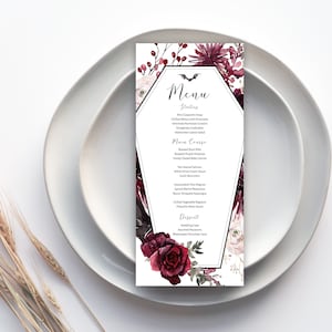 Halloween-Hochzeit, 4x9-Menü, bearbeitbares Menü, Death Do Us Party, Hochzeitsmenü, Menüvorlage, gotische Hochzeit, Sarg, Hochzeits-Printables