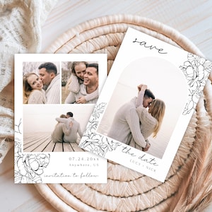 Floral Outline Save the Date · Minimalist Wedding Card · Simple Editable Template · Modern Save the Date · Instant Download Printable