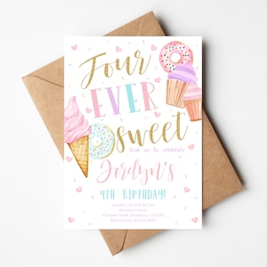 Four Ever Sweet Birthday Invitation, Donut Birthday Party, Four Ever Birthday, Editable Instant Download, Sweet Celebration, 4th Birthday