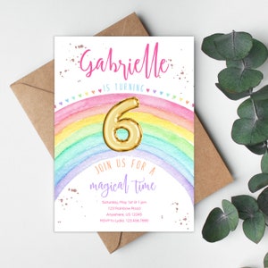 Rainbow Birthday Invitation, Girl Birthday Invitation, Magical Birthday, Rainbow Birthday, Any Age,  Balloon Invitation, Instant Download