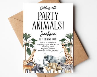 Party Animals Birthday Invitation, Wild ONE Safari Jungle Theme | Editable Template | 5x7 Digital Download