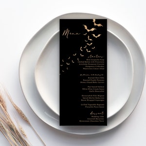 Halloween-Hochzeit, Fledermäuse, 4x9-Menü, bearbeitbares Menü, Death Do Us Party, Hochzeitsmenü, Menüvorlage, gotische Hochzeit, Glam, Hochzeits-Printables