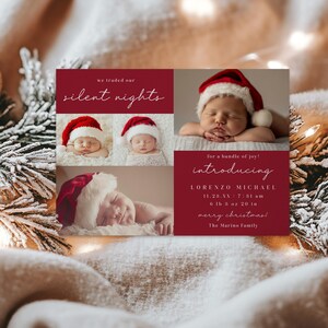 Plantilla de anuncio de nacimiento navideño, tarjeta fotográfica navideña para bebé, diseño minimalista moderno, tarjeta digital imprimible y editable, descarga instantánea