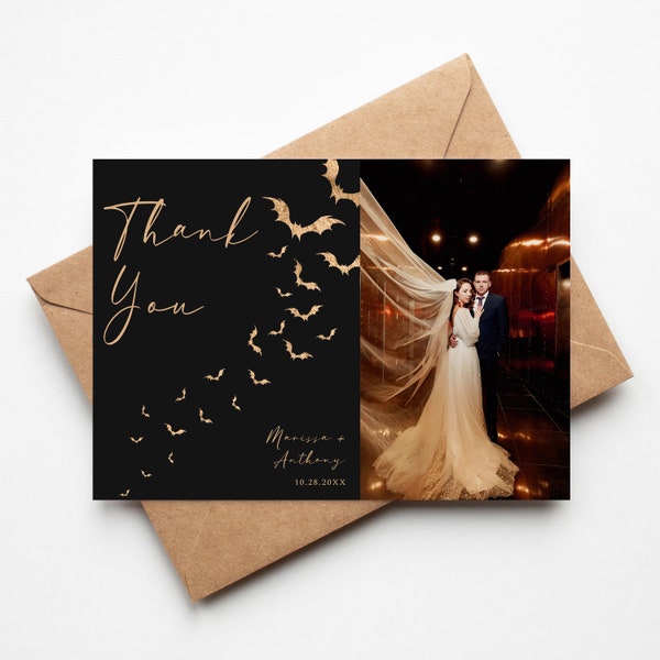 Halloween Wedding Thank You Card, Hallowwedding, Til Death Do Us Part, Bats Thank You, Gothic, Editable File, Instant Download, Templett