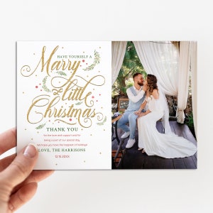 Bedankkaart kerstbruiloft, Married and Bright, Marry Little Christmas, goud, glitterkerstkaart, bewerkbare sjabloon, Templett
