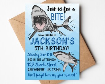 Shark Birthday Invitation, Shark Bite Invitation, Shark Attack, Swimming Party, Instant Download, Edit with Template, Invitation Template