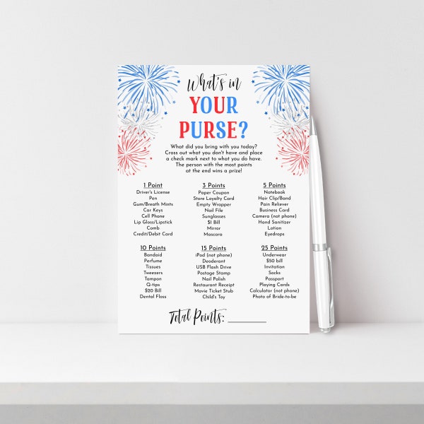 Bridal Shower Game, Purse Game, What's In Your Purse, 4th of July Bridal Shower, Red White and I Do, Editable Template, Instant Download