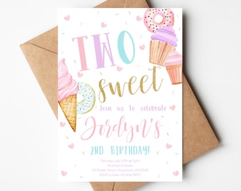 TWO Sweet Birthday Invitation, Donut Birthday Party, Girl 2nd Birthday, Editable Instant Download, Sweet Celebration, 2nd birthday, Templett