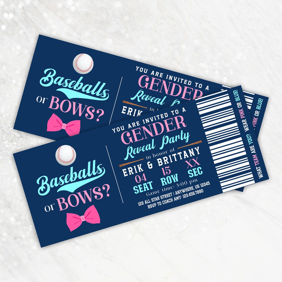 Baseballs or Bows, Baseball Gender Reveal Party Invitation, Ticket