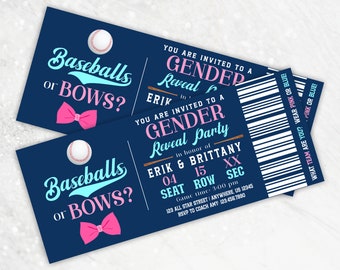 Baseballs or Bows, Baseball Gender Reveal Party Invitation, Ticket Style Invitation, Sports Template, Instant Download, Digital Template