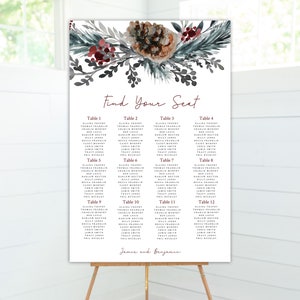 Christmas Wedding Seating Chat, Winter Wedding, Editable Seating Chart, Pinecones, Editable File, Instant Download, Edit With Templett