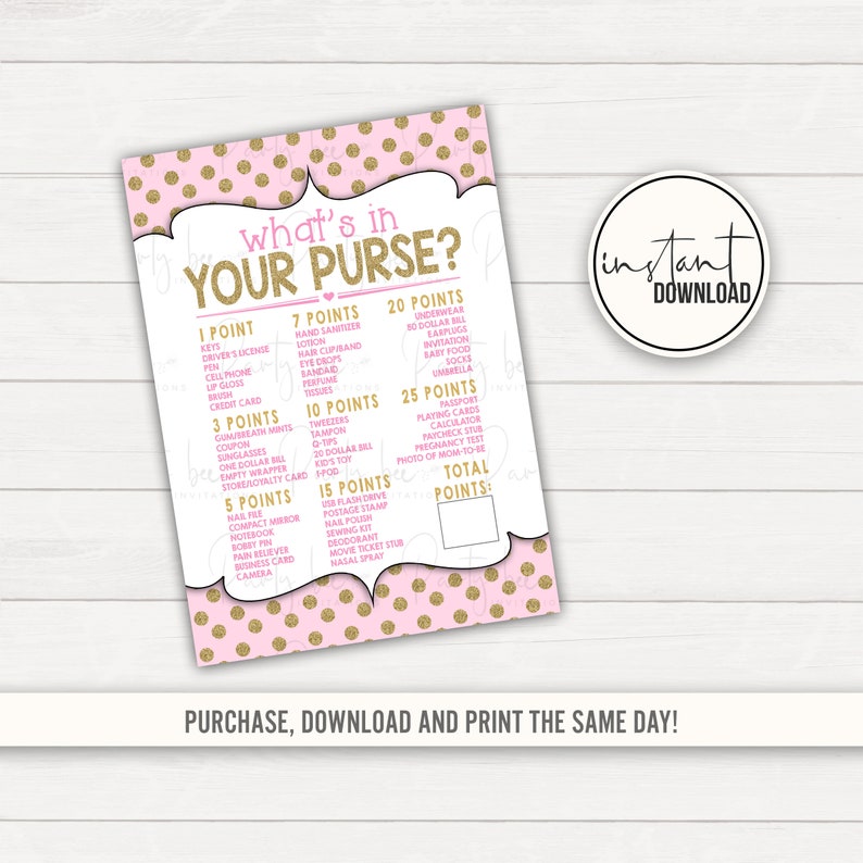What S In Your Purse Baby Shower Game Instant Download Etsy