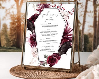 Bar Menu, Gothic Halloween Wedding Sign | Digital Editable Template, 8x10 Printable, Customizable