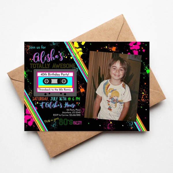 80s Birthday Invitation Photo Girl Neon Party Glow Invitation Cassette Glow Printable Invitation 90s birthday Music Edit Through Templett