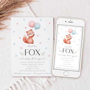 What the Fox gender Reveal-uitnodiging, Fox babyshower tekst uitnodigen, bewerkbare sjabloon, direct downloaden, digitale uitnodiging, baby Reveal uitnodigen