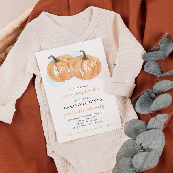 Invitation pour révélation du sexe du bébé : Thème Petite Citrouille, garçon ou fille - Numérique