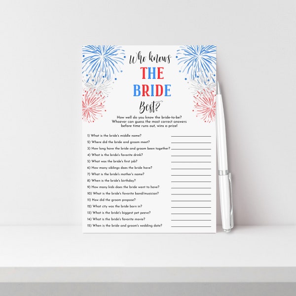 Bridal Shower Game, Who Knows the Bride, 4th of July Bridal Shower, Red White and I Do, Editable Template, Instant Download. Templett