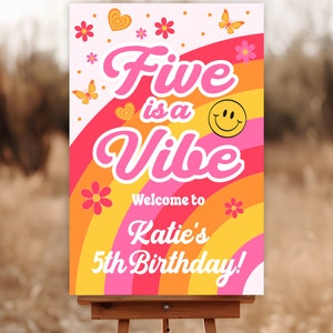 Five is a Vibe, Girl 5th Birthday, 5 is a Vibe, Retro Birthday, Birthday Welcome Sign, Kids Birthday, Happy Face Birthday, Editable Sign