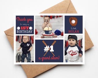 1st Birthday Thank You Card: Baseball Rookie Theme - Digital or Printed