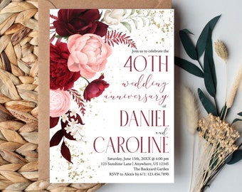 40th Anniversary Invitation • Burgundy Anniversary Party Invite • Editable Template • Wedding Celebration • Instant Download
