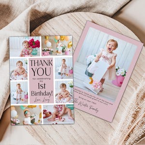 Cartão de agradecimento para o primeiro aniversário de uma menina, qualquer cor de fundo, cartão de agradecimento minimalista, rosa empoeirado, download instantâneo, arquivo editável