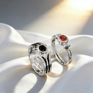 Matching Couple Ring Set, Black Onyx & Red Ruby Ring, His Hers Band, Sterling Silver Promise Ring, Unisex Engagement Band, Anniversary Gift