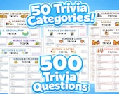 Printable Trivia Game – 50 Categories, 500 Questions! Family Game Night (PDF Download)