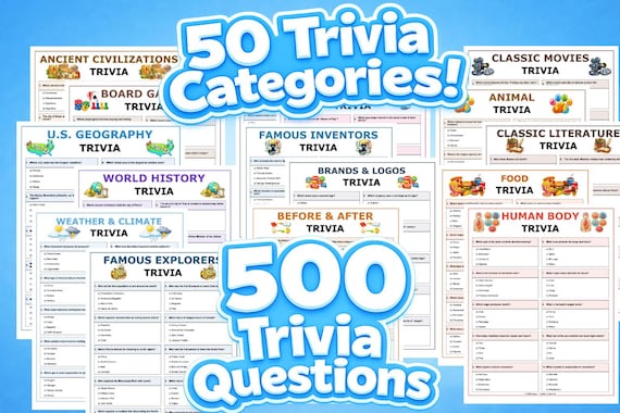 Printable Trivia Game – 50 Categories, 500 Questions! Family Game Night (PDF Download)