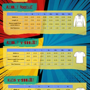 May include: A sizing guide for adult hoodies, adult t-shirts, and kids t-shirts. The guide includes measurements for width, length, and sleeve length in inches, along with size tolerance. The brand logo "Devilblink" is at the top.