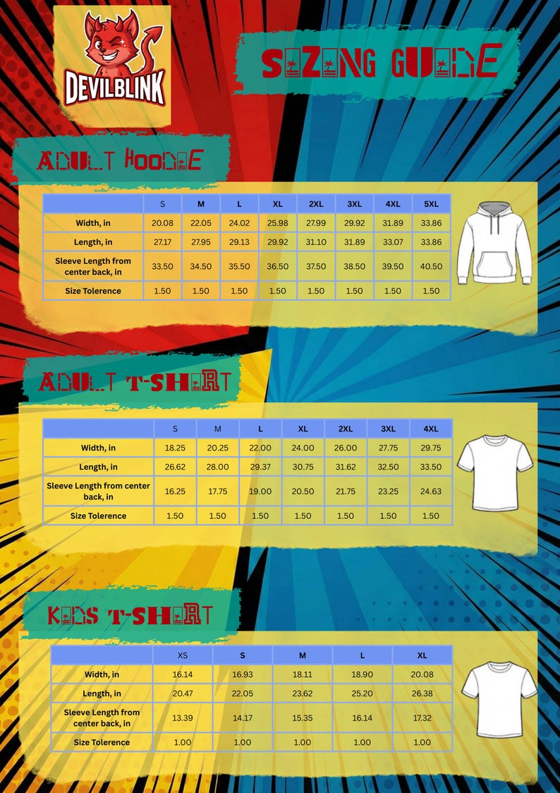 May include: A sizing guide for adult hoodies, adult t-shirts, and kids t-shirts. The guide includes measurements for width, length, and sleeve length in inches, along with size tolerance. The brand logo "Devilblink" is at the top.