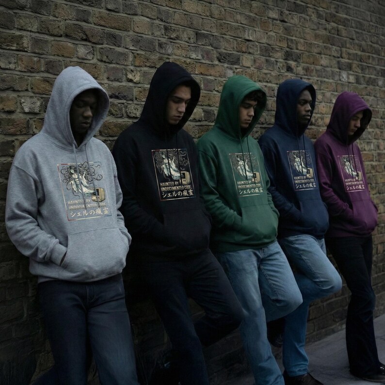 May include: Five hooded sweatshirts in various colors: gray, black, green, navy, and purple. Each sweatshirt features a graphic print with text in English and Japanese. The subjects are leaning against a brick wall.