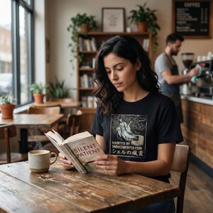 May include: A woman seated at a wooden table in a cafe reads a book titled "The Silent Patient." She wears a black t-shirt with a graphic of a ghostly figure and text. A mug of coffee sits nearby. A barista works in the background.